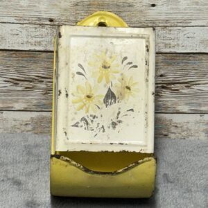 Vintage Metal Matchbox Holder Yellow and White with Yellow Flowers